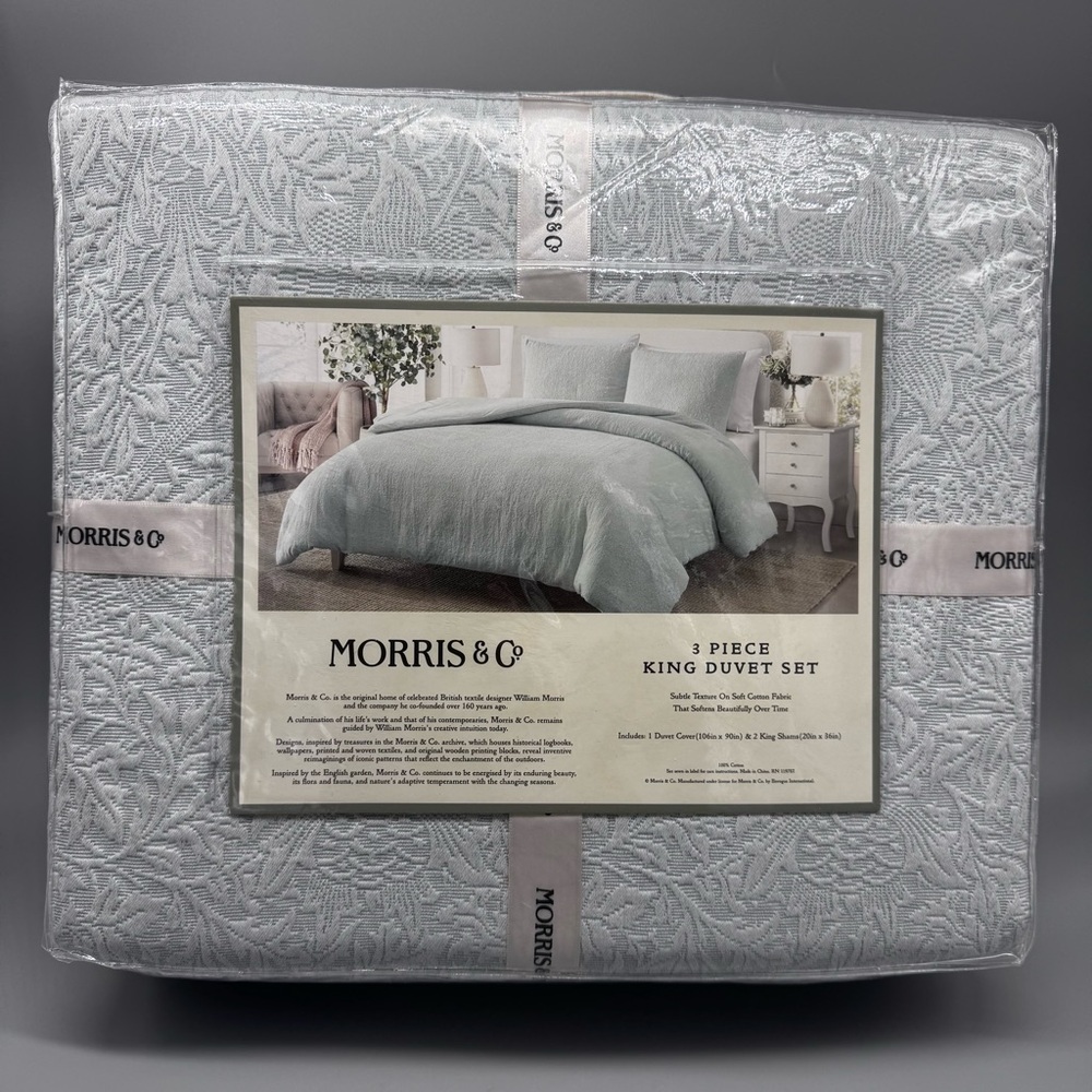 NEW 3 Pc William Morris & Co Bird and Anemone Light Blue King Duvet Set Textured